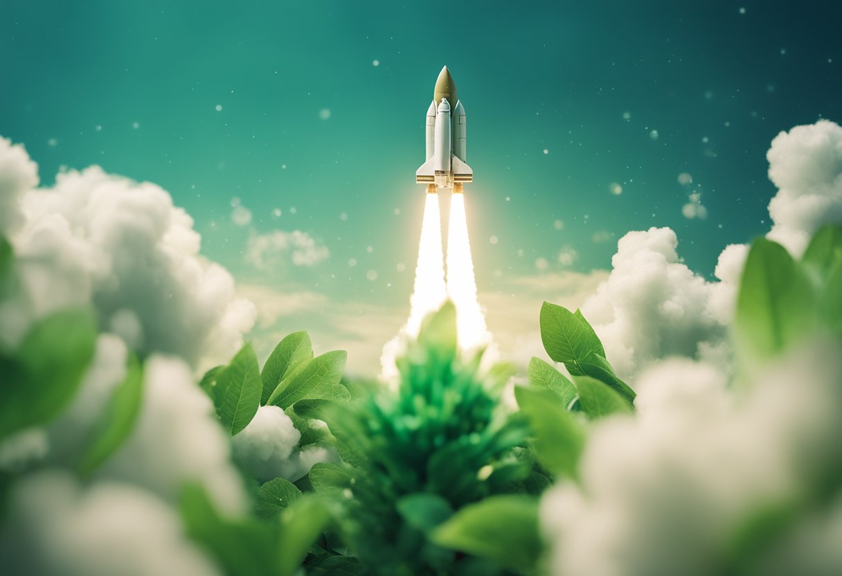 A rocket launching into space, leaving behind a trail of green, eco-friendly propellant