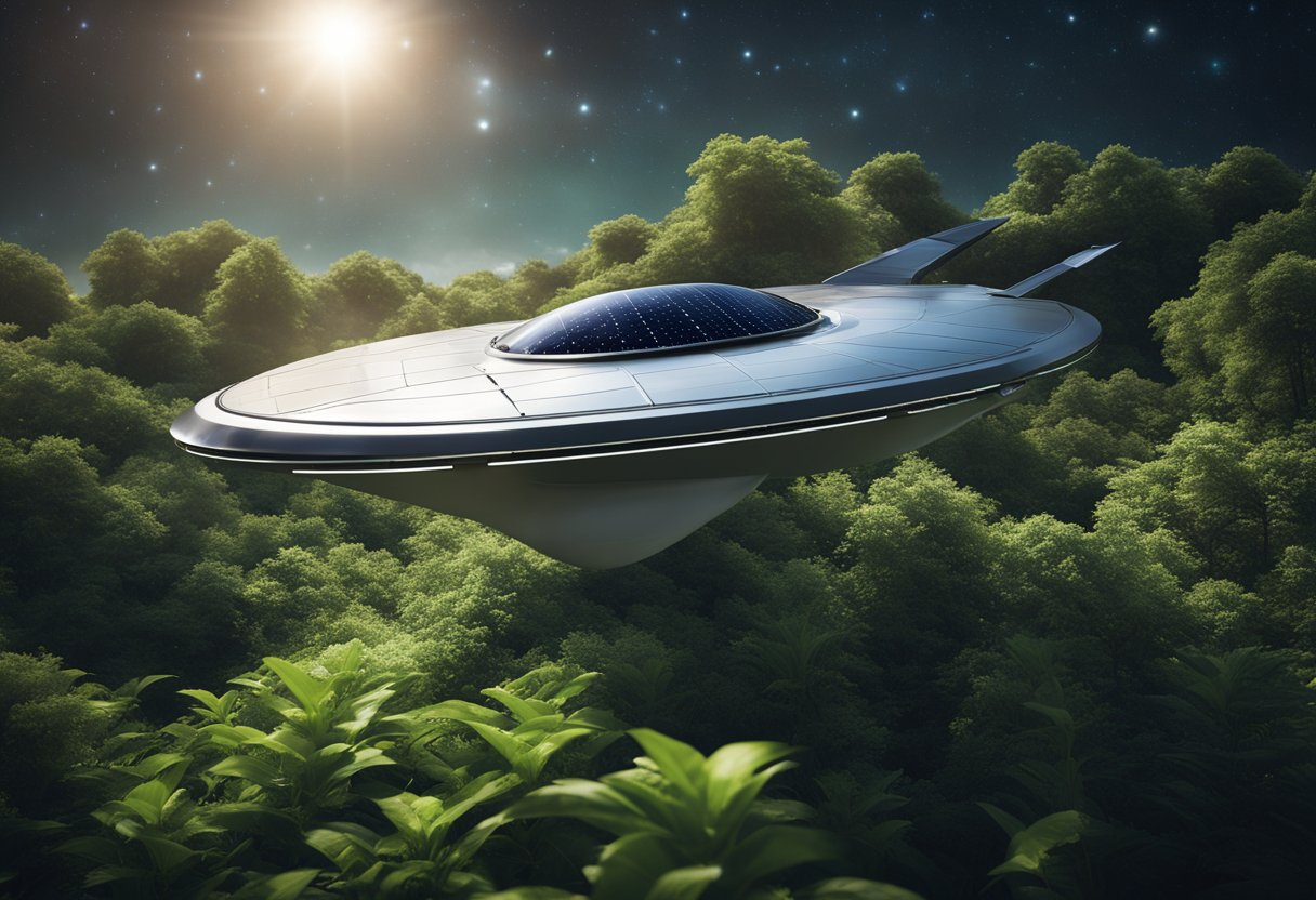 A sleek, solar-powered spaceship glides through a starry sky, surrounded by lush greenery and clean, renewable energy sources
