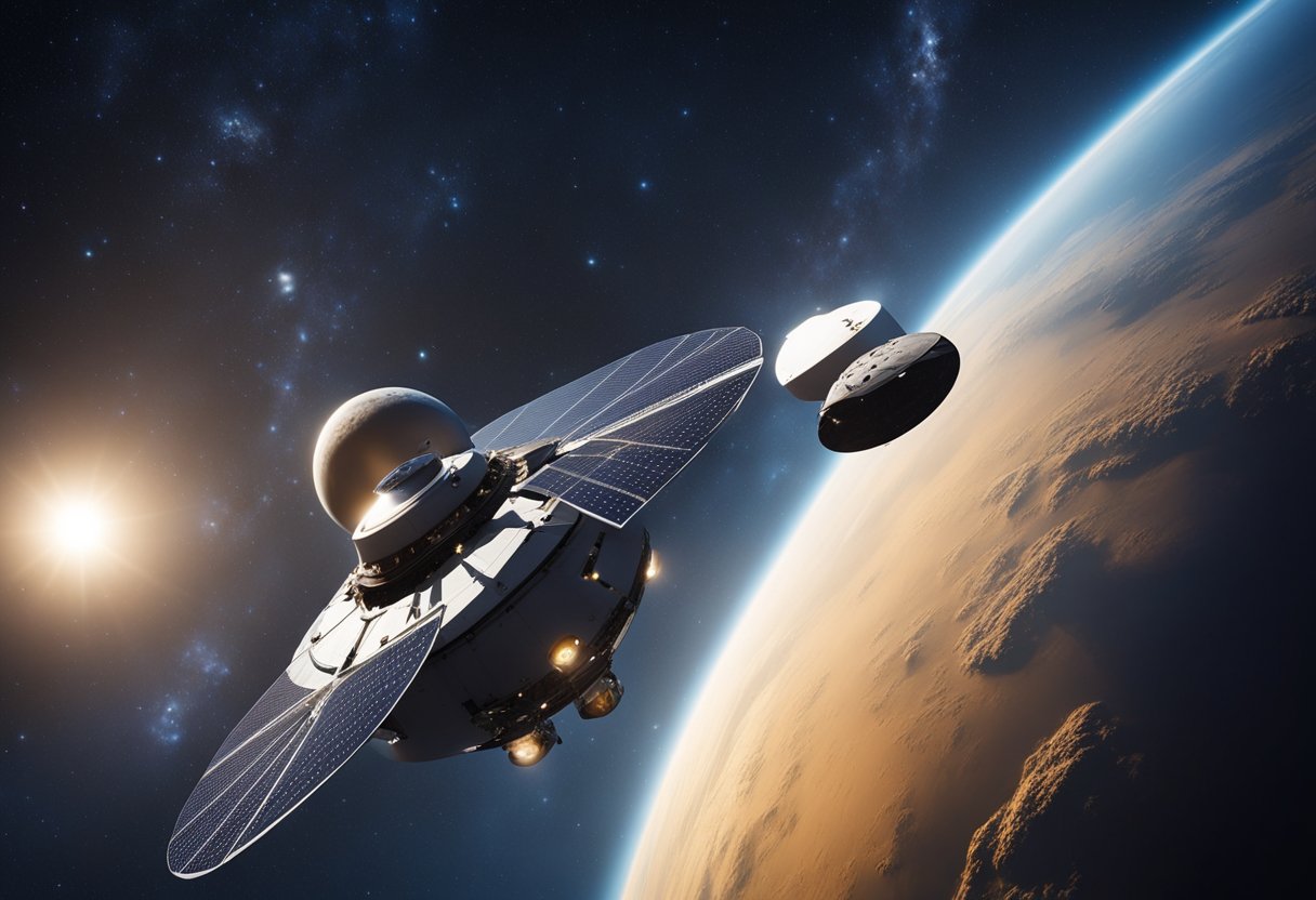 A sleek, solar-powered spacecraft glides through the stars, leaving behind a trail of clean, emissions-free propulsion. The Earth looms in the distance, a reminder of the importance of eco-friendly space travel