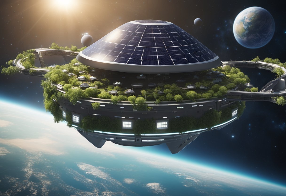 A sleek, solar-powered spacecraft hovers above a lush, self-sustaining space colony, surrounded by floating gardens and renewable energy sources