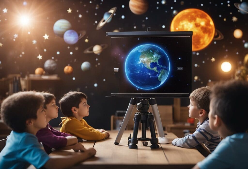 Children watching a projection of Earth on a telescope screen in a dark room decorated with glowing images of planets during space-themed educational programmes.