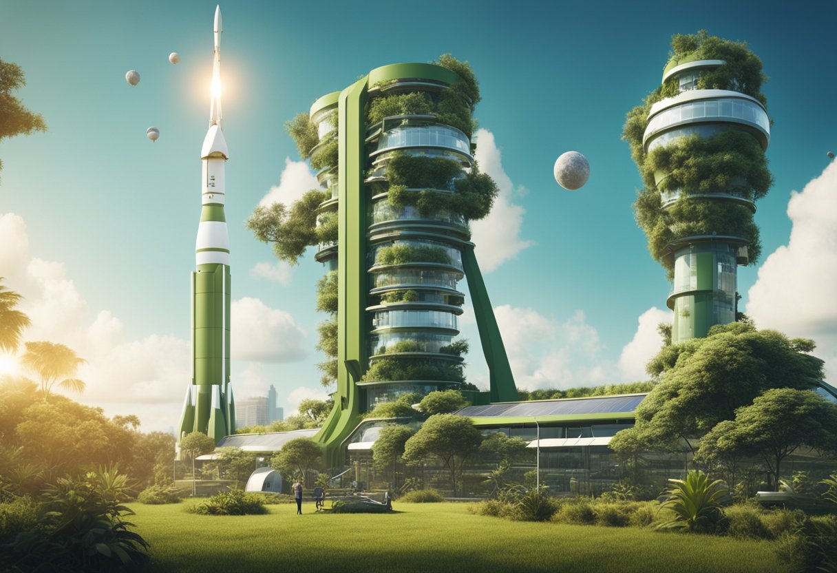 A rocket launching from a green, sustainable spaceport with solar panels and recycling facilities. Wildlife and lush vegetation surround the eco-conscious launch site