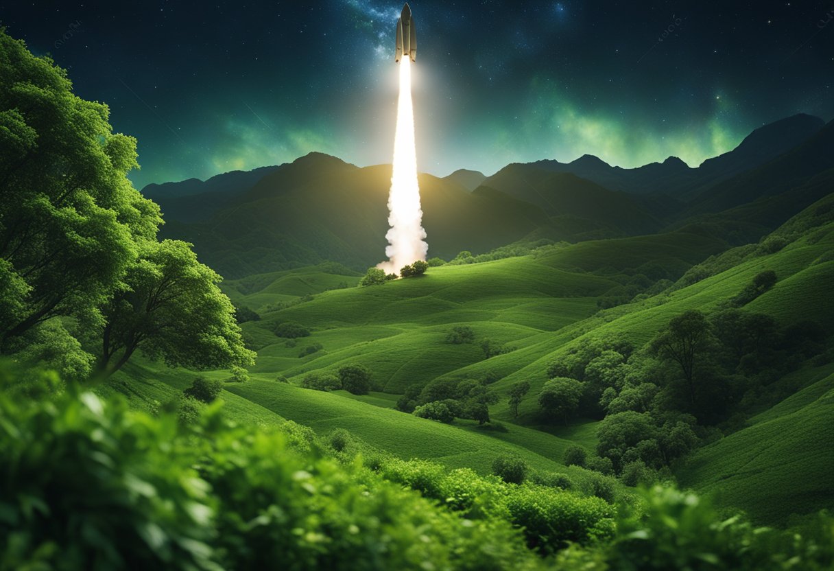 A rocket ship launching from a lush, green planet into the starry expanse of space