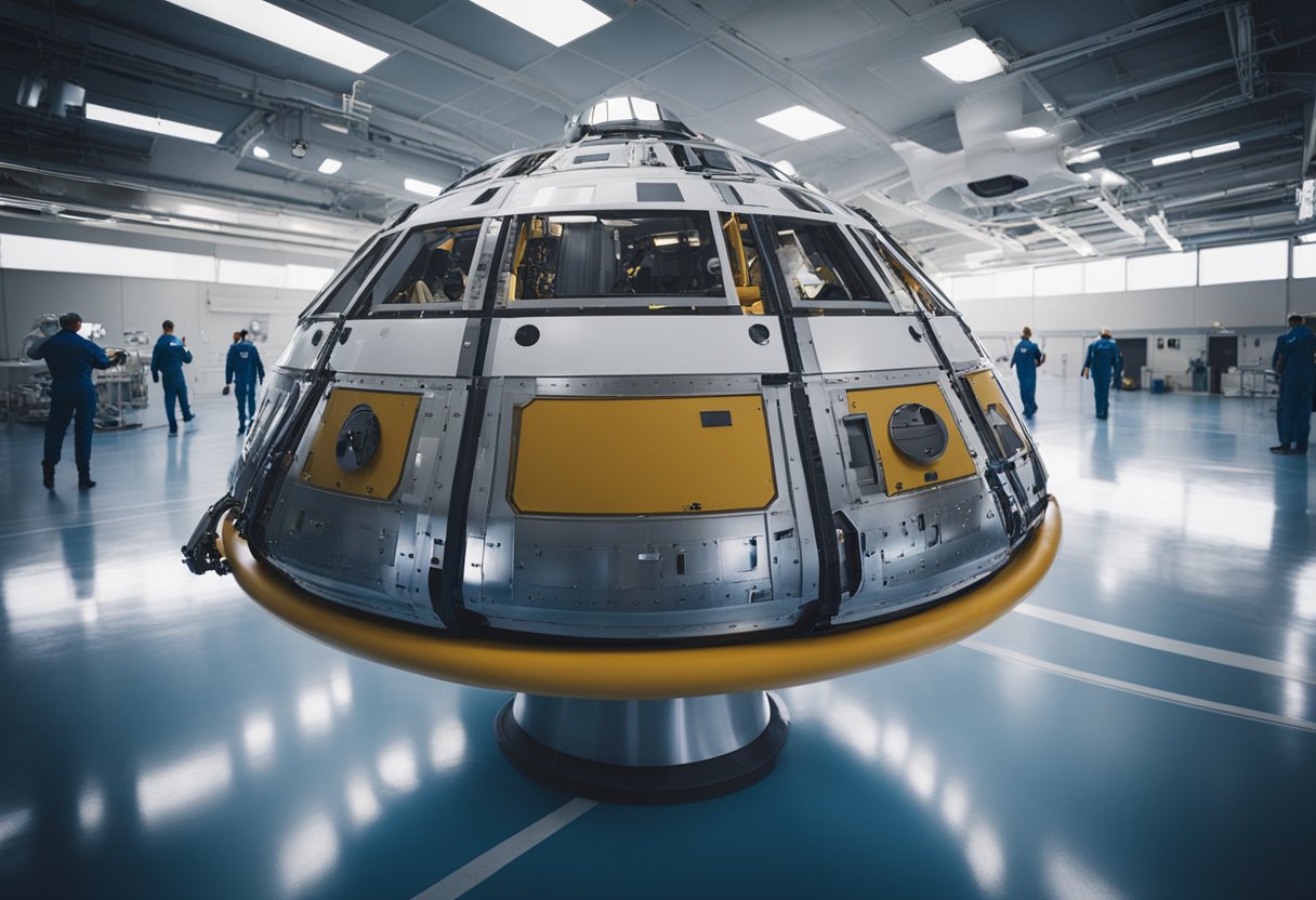 A spacecraft undergoes rigorous safety checks before takeoff. Engineers inspect the hull, engines, and life support systems. A team of astronauts trains in a simulated emergency scenario