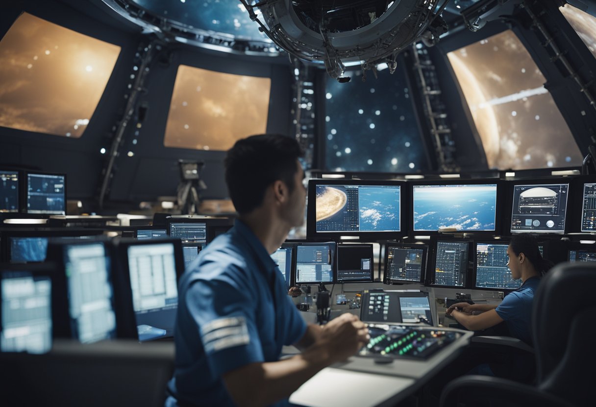 Spacecraft undergo launch procedures and safety checks before space tourism missions. Technicians inspect and verify systems, while engineers monitor for any potential hazards