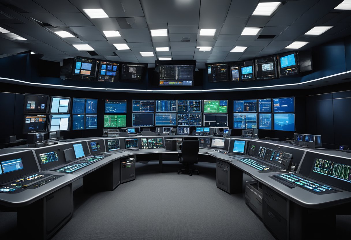 A control room with monitors displaying space tourism safety protocols. Officials oversee the regulatory framework