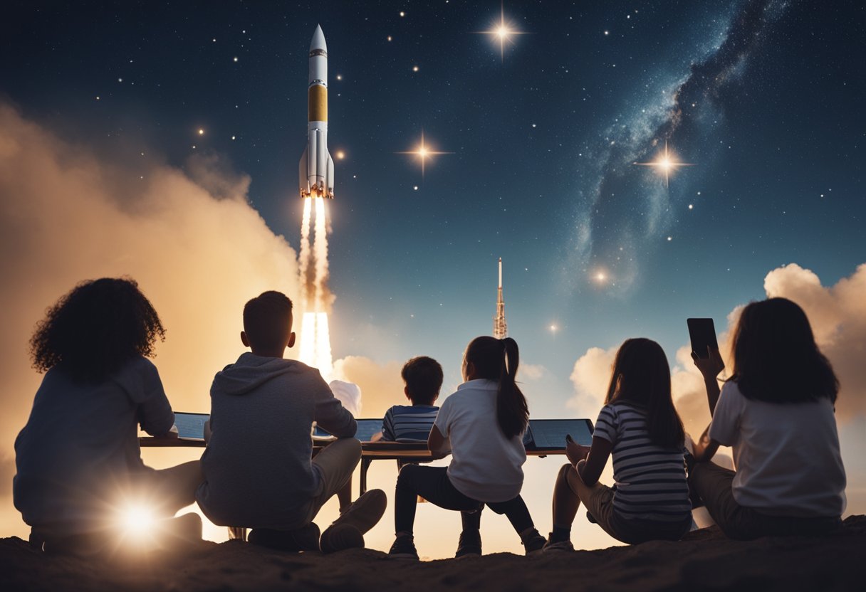 A rocket launches into space, surrounded by planets and stars, while a group of diverse students engage in hands-on STEM learning activities