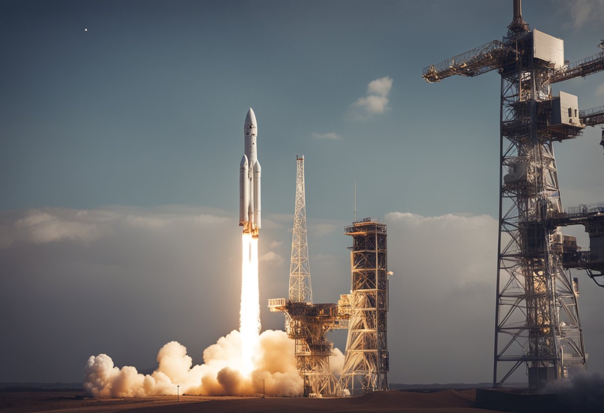 Space studies inspire advances in medicine, engineering, and environmental science. A rocket launches into orbit, surrounded by satellites and telescopes, symbolizing the impact of space exploration on other fields