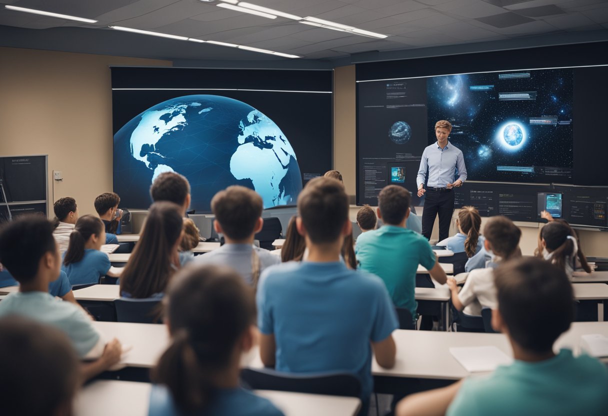 A classroom filled with students watching a holographic projection of a spacecraft orbiting the Earth, while a teacher explains the principles of space technology and its impact on education