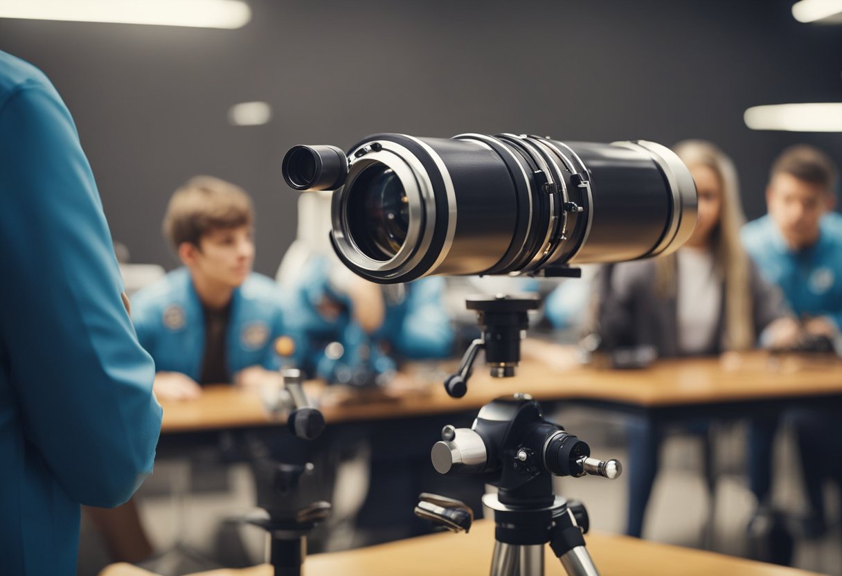Students observe planets, stars, and satellites through telescopes. Teachers explain the roles and responsibilities of astronauts and scientists in space exploration