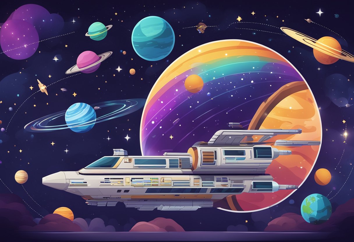 Colorful planets and stars surround a spaceship in an educational space journey. Text bubbles with "Frequently Asked Questions" float around, highlighting key information