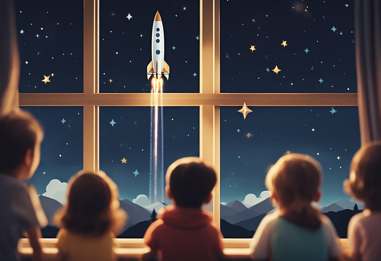 A rocket ship launching with families aboard, smiling and looking out the window at the stars