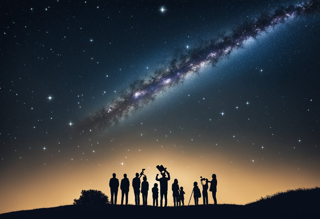 A clear night sky with twinkling stars, a telescope pointing towards the heavens, and a family gathered around, pointing and marveling at the celestial wonders above