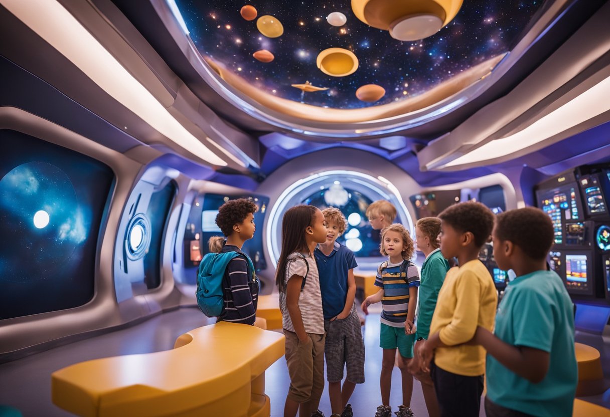 Children explore a spaceship interior, surrounded by colorful educational displays and interactive exhibits. Families watch as kids engage in hands-on learning experiences