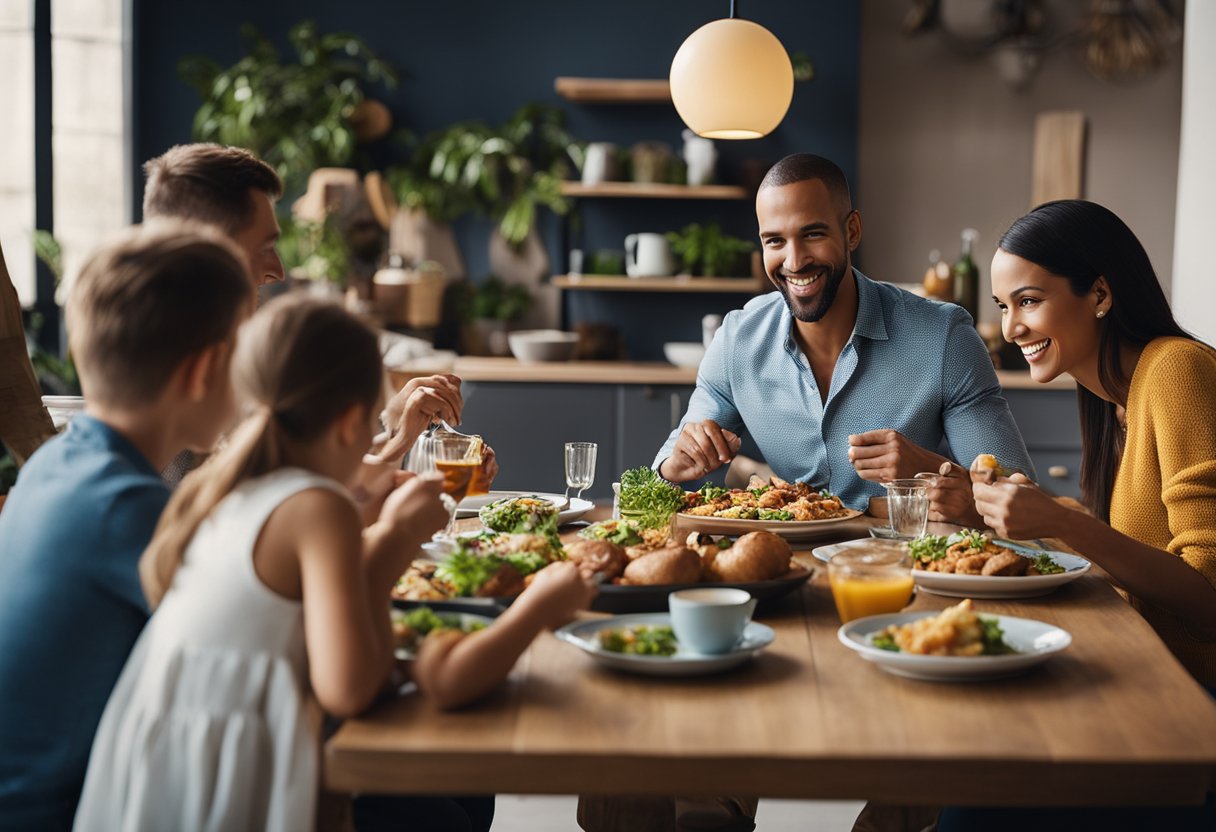 A family sits around a table, enjoying a meal together. The room is warm and inviting, with colorful decor and a variety of delicious dishes on the table