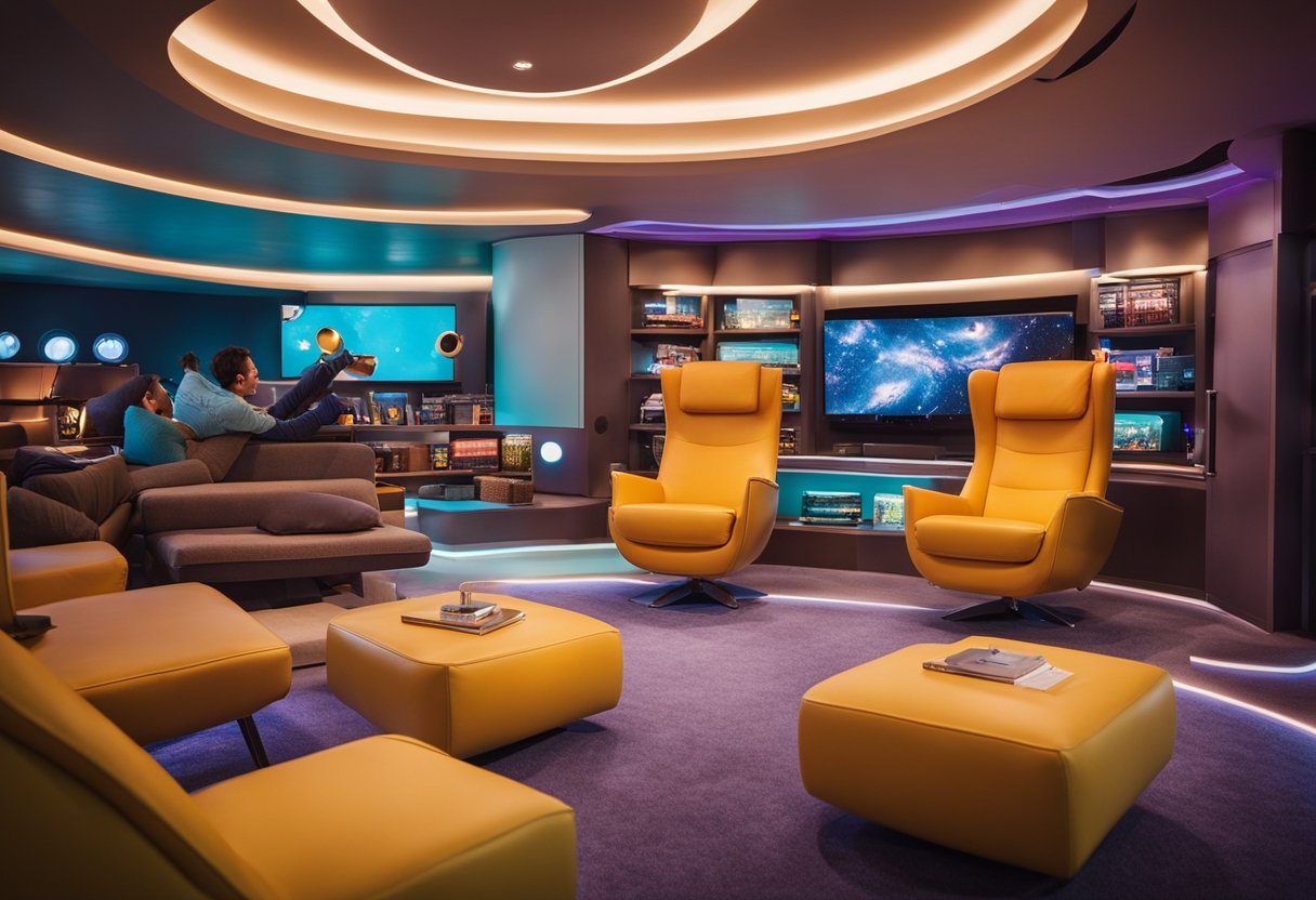 A cozy, colorful spaceship lounge with games, books, and comfortable seating for families to relax and enjoy leisurely space travel