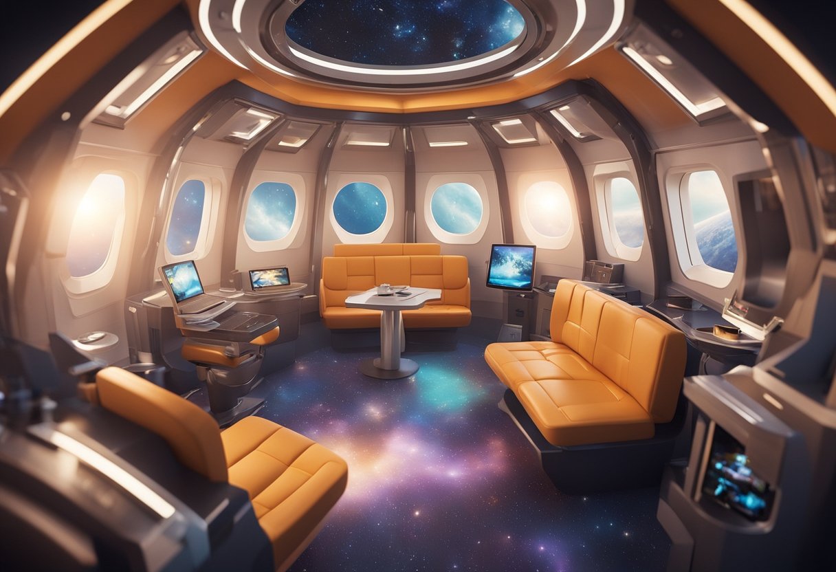 A spacious, family-friendly spacecraft interior with comfortable accommodations and residences, featuring bright colors and playful designs