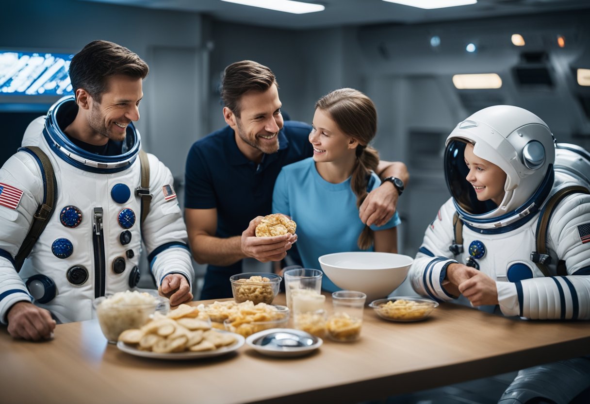 A family packs space suits and snacks for a trip. They check their spaceship's safety features and review zero-gravity procedures