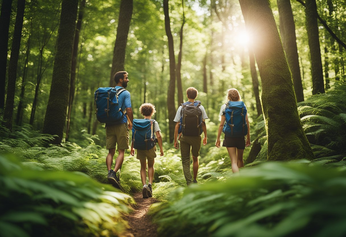 A family of four hikes through a lush forest, with a clear blue sky above. They carry backpacks and look excited to explore