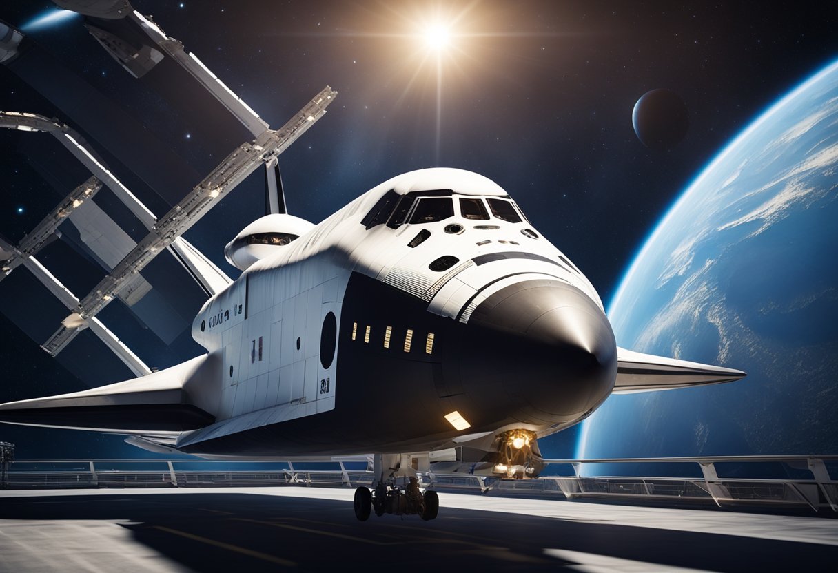 A sleek and futuristic space shuttle glides gracefully towards a luxurious space station, surrounded by the breathtaking backdrop of the cosmos