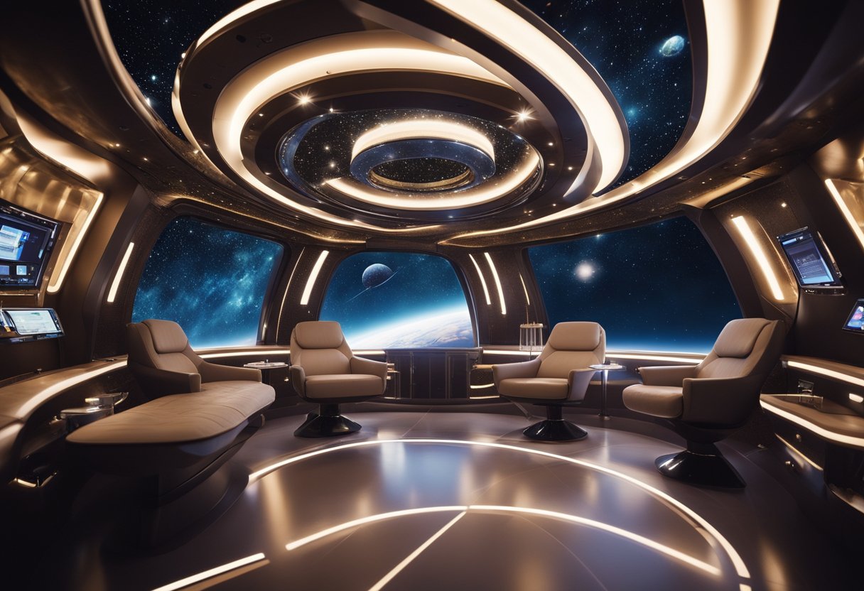 A sleek, futuristic spaceship glides through the cosmos, surrounded by sparkling stars and distant planets. Inside, opulent lounges and state-of-the-art amenities offer passengers the ultimate luxury space travel experience