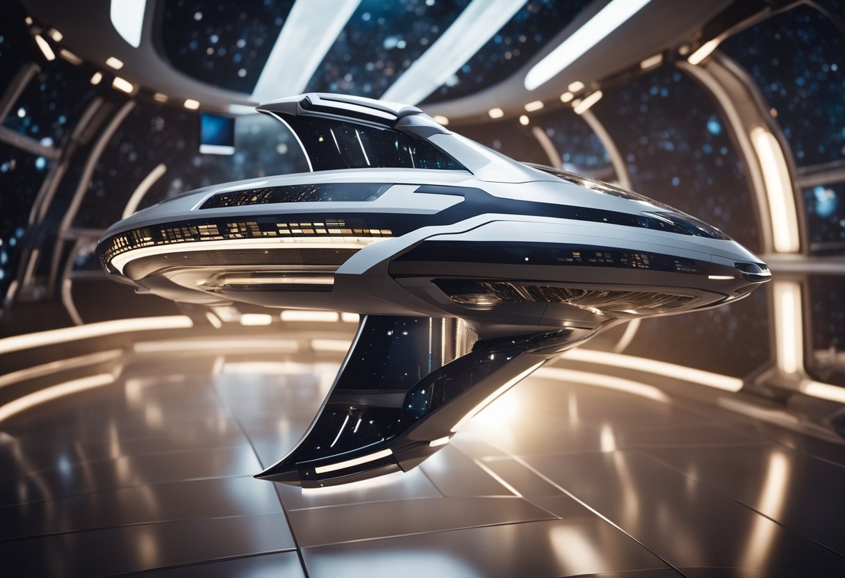 A sleek, futuristic spacecraft with luxurious amenities and cutting-edge design, soaring through the stars on a journey of innovative space travel
