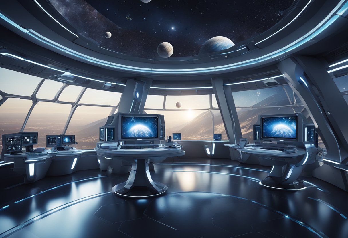 A futuristic space station with advanced labs and classrooms, surrounded by breathtaking views of planets and stars