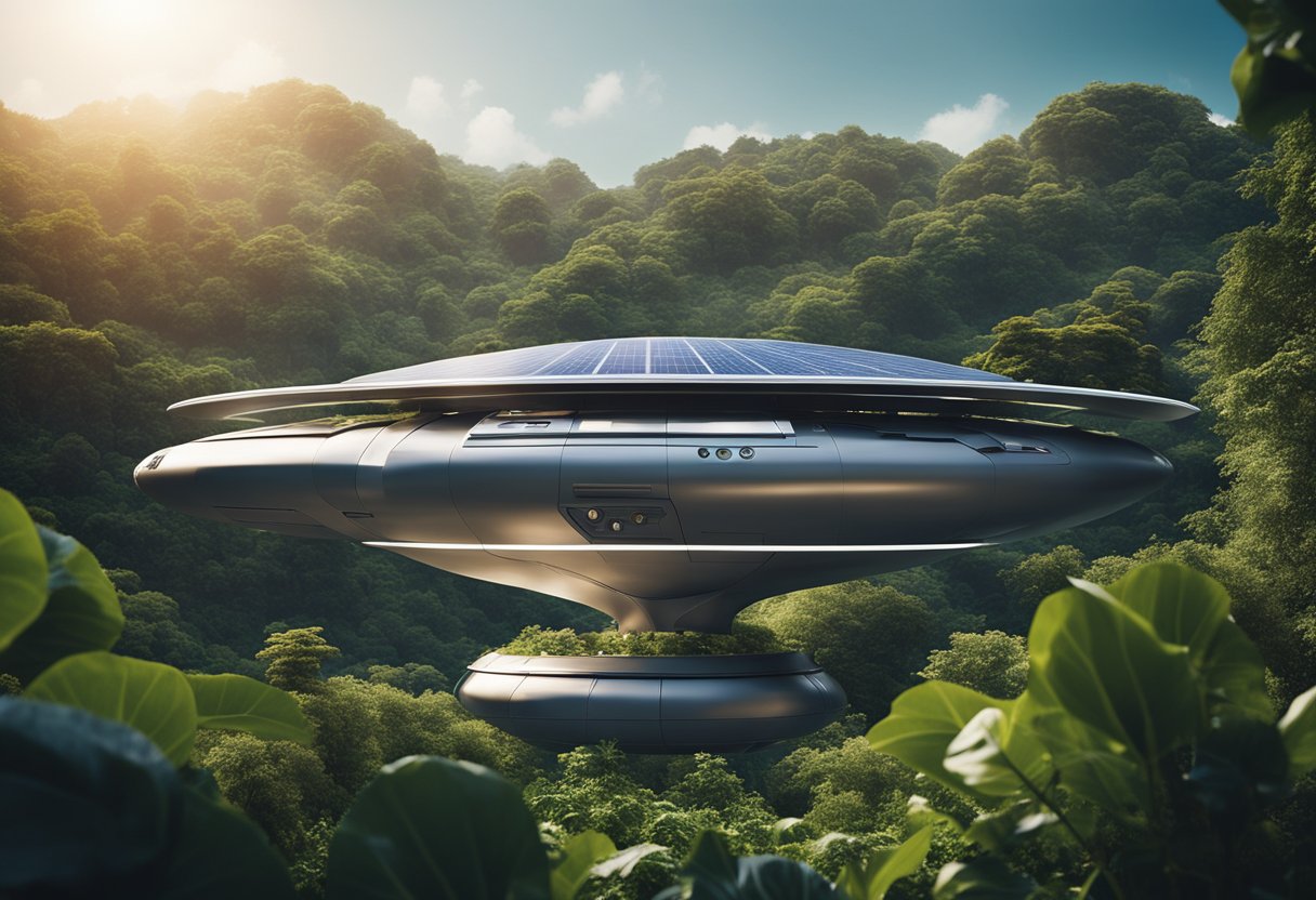 A sleek, futuristic spacecraft glides through the stars, surrounded by lush gardens and solar panels, showcasing sustainable luxury in space travel