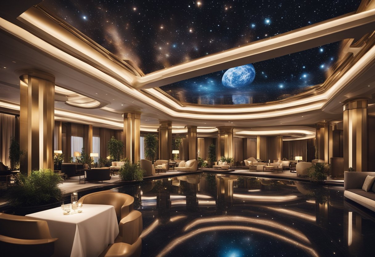 A grand, opulent space hotel with lavish amenities and breathtaking views of the cosmos
