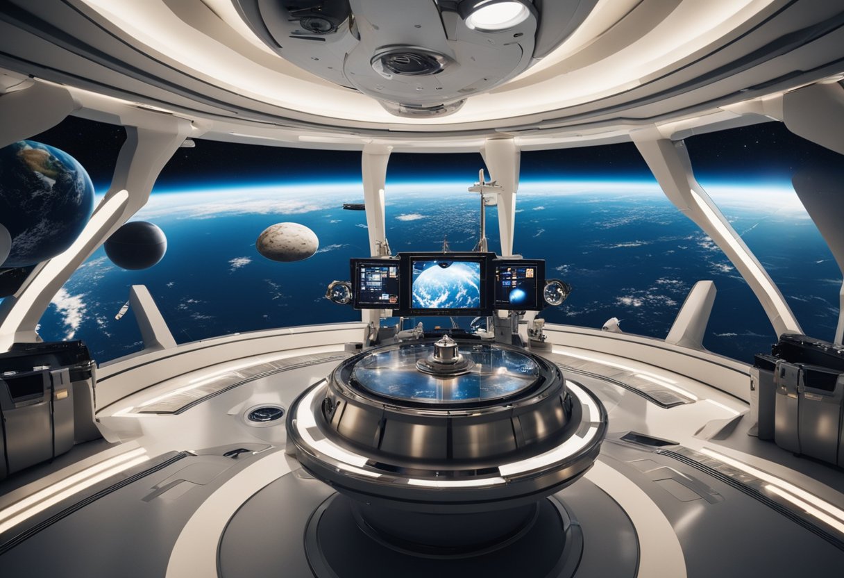 Luxury space travel scenes: spacecraft docking, Earth view, zero gravity dining, and futuristic amenities