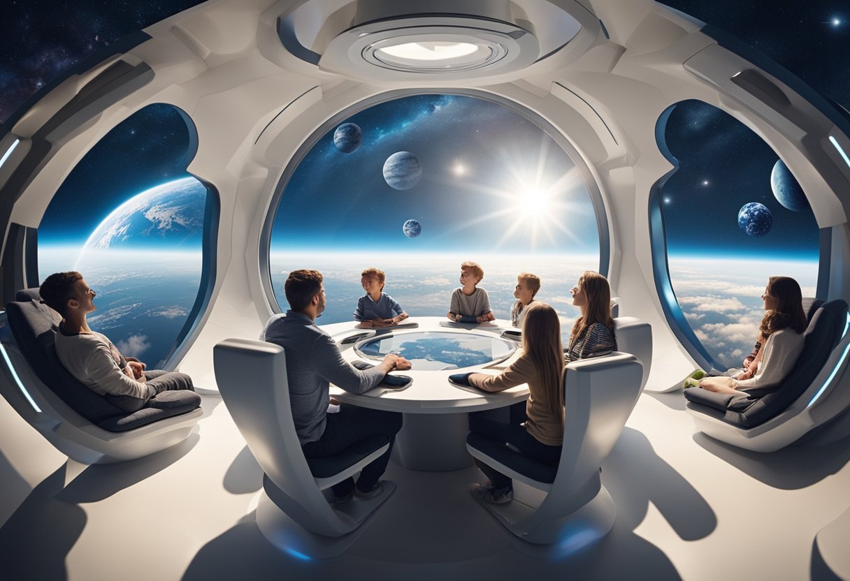 Families enjoying zero-gravity activities in a spacious, futuristic vacation pod with panoramic views of the Earth and stars