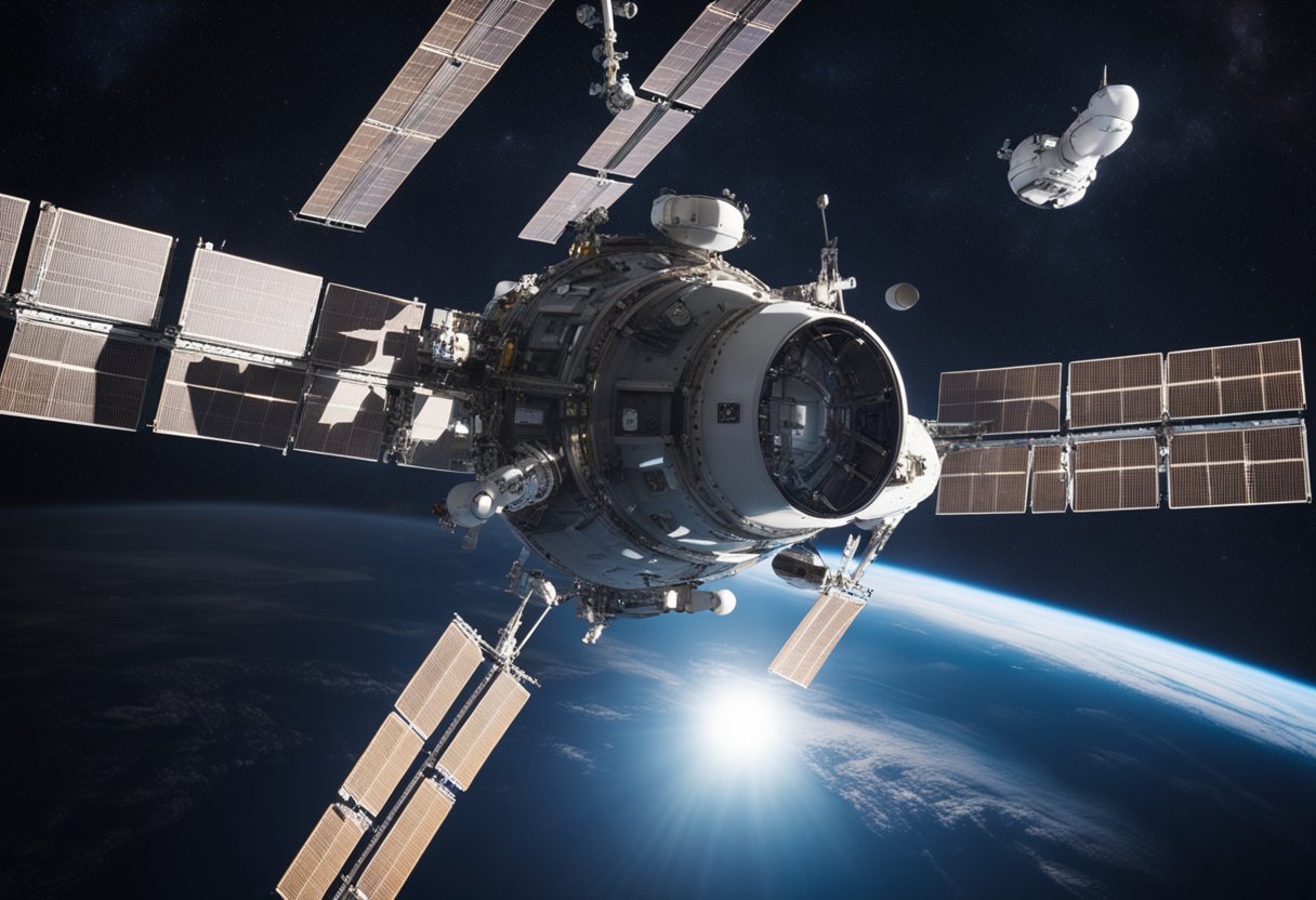 The International Space Station orbits Earth, with a backdrop of stars and the curvature of the planet below. A futuristic space shuttle docks with the station, hinting at the possibility of affordable space vacations