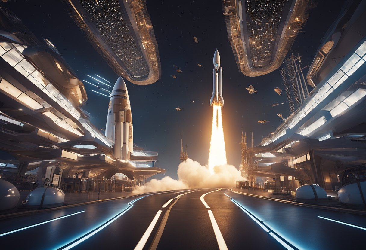 A rocket ship launching from a futuristic spaceport, with signs displaying space travel regulations and affordable vacation packages