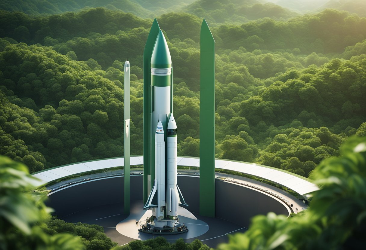 A rocket launches from a green, eco-friendly spaceport, surrounded by lush vegetation and renewable energy sources. The spacecraft is designed with sustainable materials, showcasing a future of affordable space vacations with minimal environmental impact