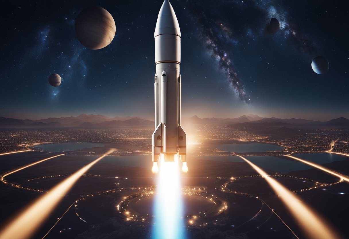 A rocket launches into space, surrounded by stars and planets. A futuristic space tourism center is bustling with people booking their next adventure