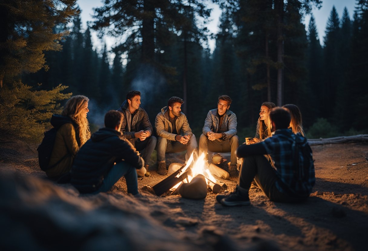 A group of friends sit around a campfire, sharing stories and tips after a space adventure. Maps and guidebooks are spread out on the ground, and a telescope points towards the stars