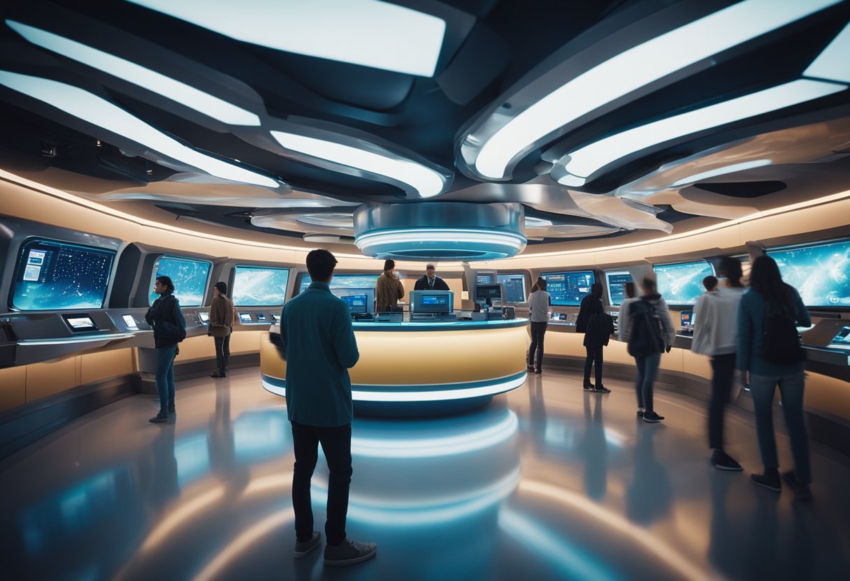 A futuristic space station with a sleek booking center, holographic displays, and a line of eager travelers seeking adventure tips