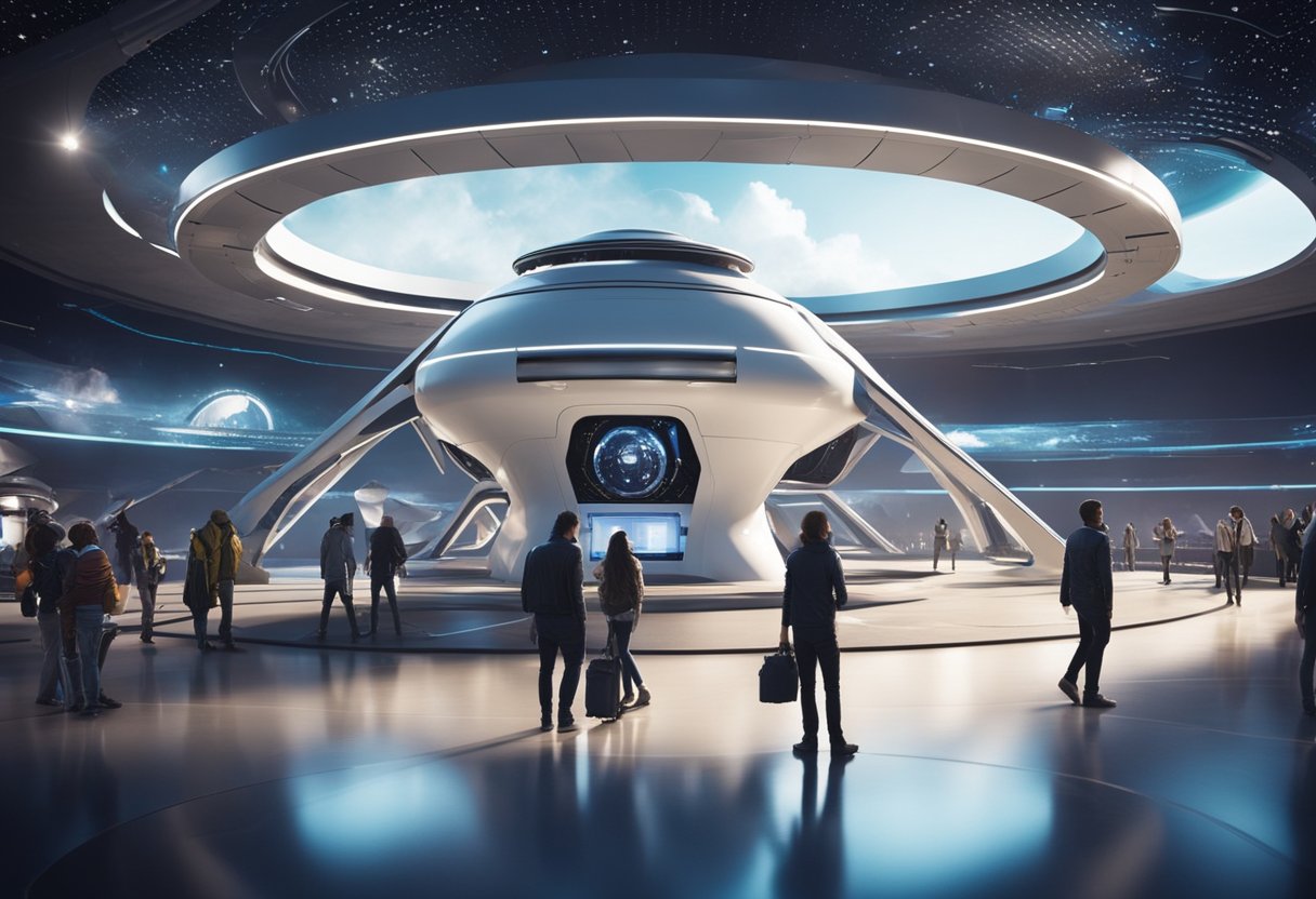 Sleek spacecraft docked at futuristic spaceport, with tourists boarding for next-gen space tours
