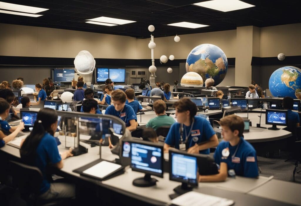 Space-themed educational programmes: Students in a classroom with computers and large hanging globes, working on an educational group project focused on STEM global studies.