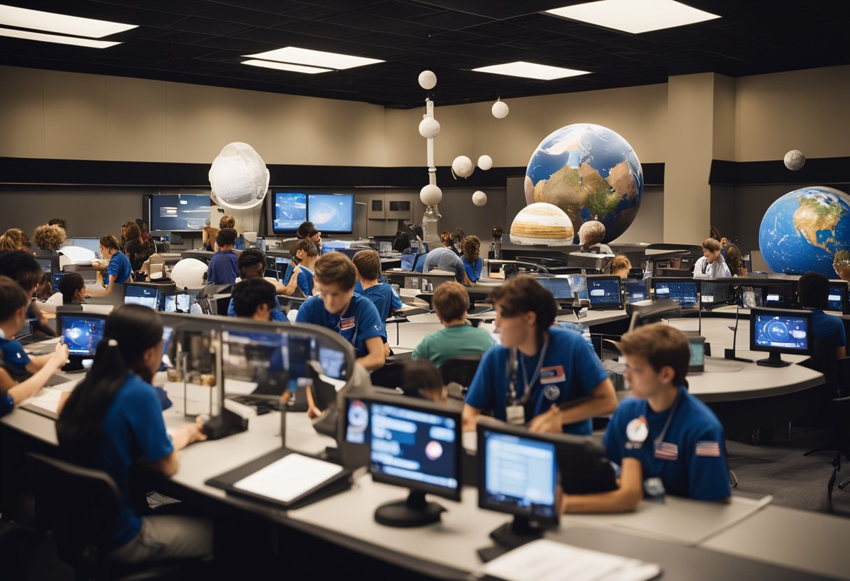 Students engage in hands-on activities, observing NASA's space-themed educational programs. Models of planets and rockets are displayed, while educators lead discussions on space exploration