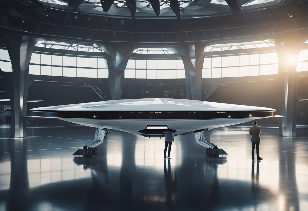 A sleek spacecraft hovers above a futuristic hangar, its advanced components gleaming in the soft light. Visitors in awe take a tour, marveling at the next-generation technology