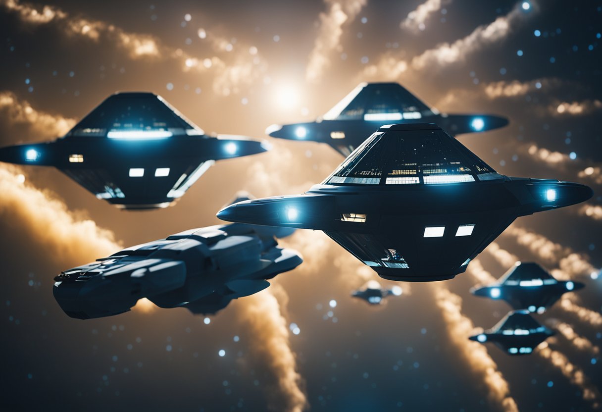 A group of spacecrafts float in formation, connected by beams of light. They appear to be collaborating on a mission in the vastness of space