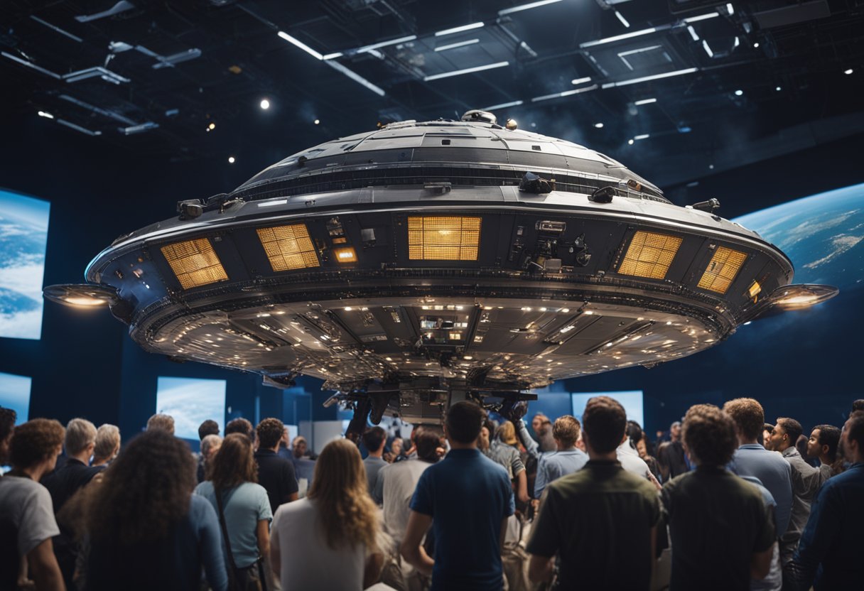 A spacecraft hovers above a group of curious onlookers, as a guide points out its advanced features during an educational outreach tour
