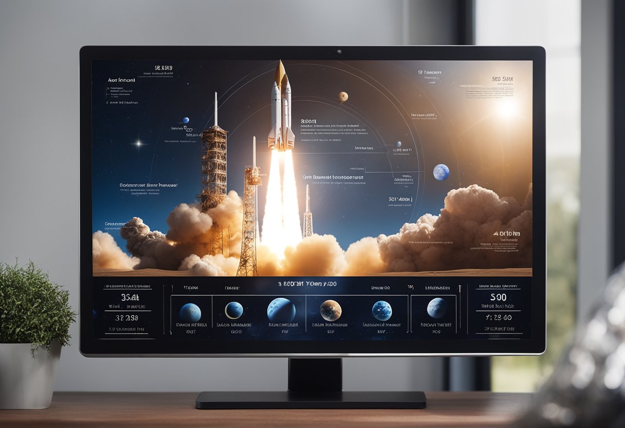 A rocket launches from Earth, heading towards distant planets and stars, with a detailed itinerary displayed on a digital screen
