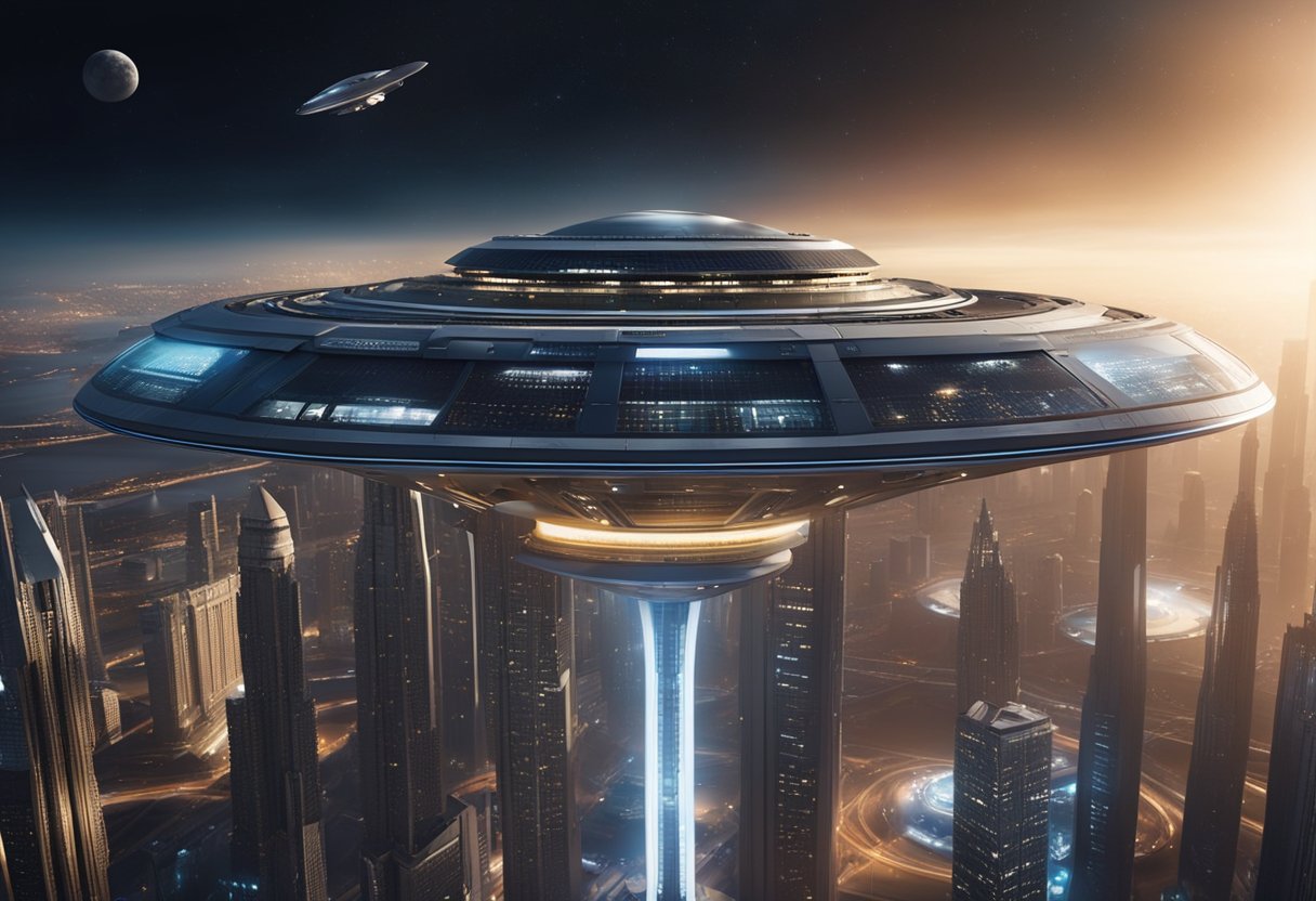 A sleek spacecraft hovers above a futuristic spaceport, surrounded by bustling activity and towering skyscrapers. The sky is filled with other ships coming and going, as travelers prepare for their custom space travel itineraries