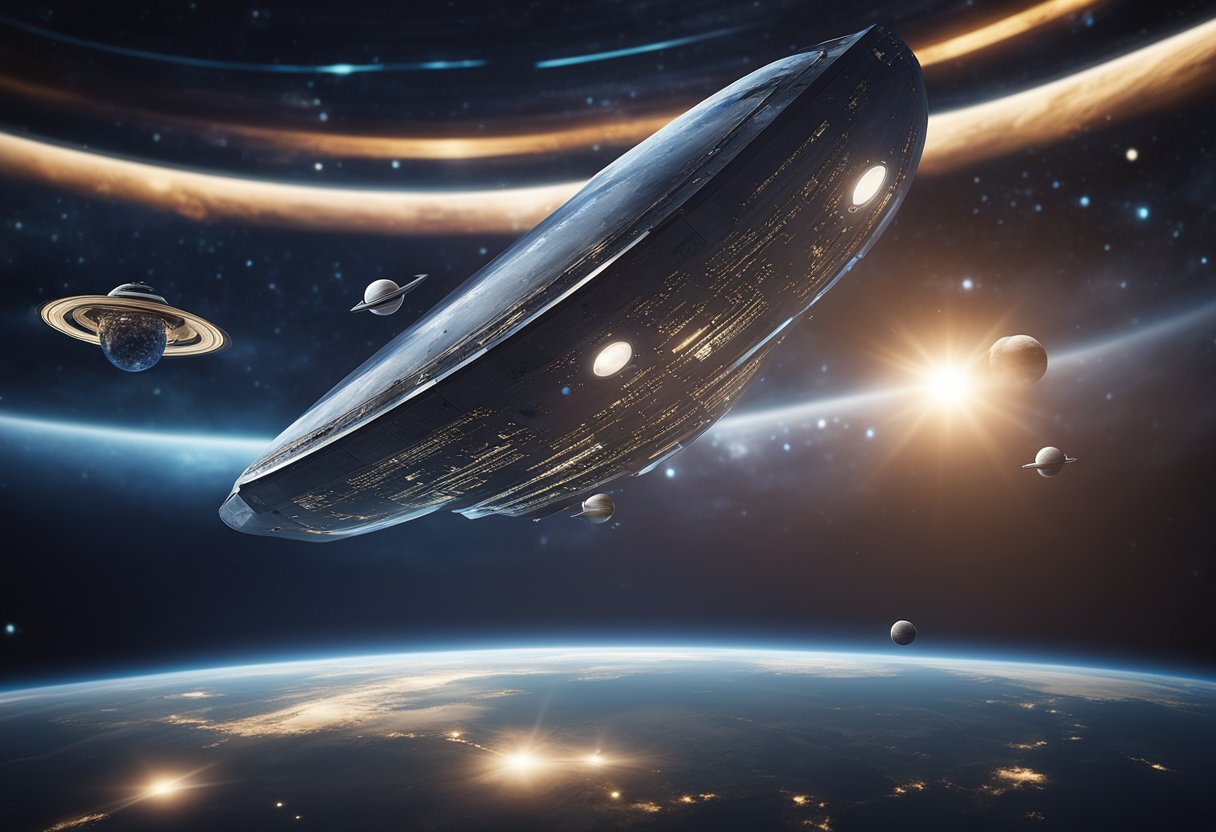A spaceship soaring past planets and stars, with a map of custom space travel itineraries displayed on a futuristic screen