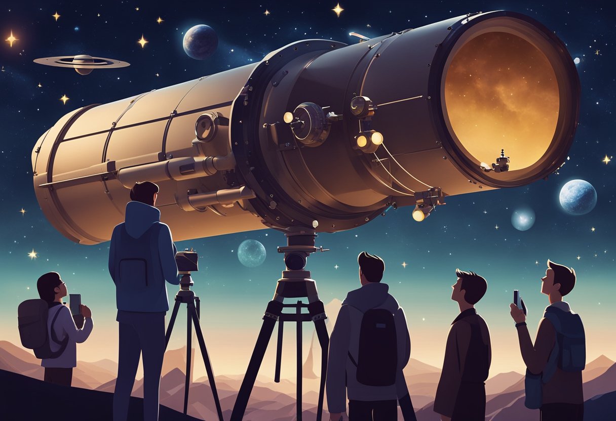 A group of students gather around a large telescope, pointing towards the night sky. A banner reads "Artemis Programme Space-themed educational programs"