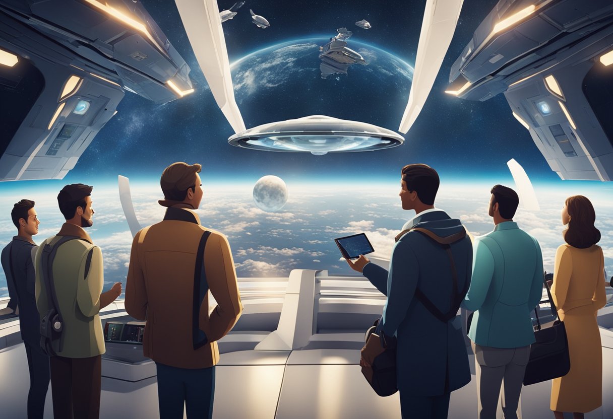 Passengers reviewing personalized space travel itineraries. Excitedly discussing destinations and activities. futuristic spacecraft in the background