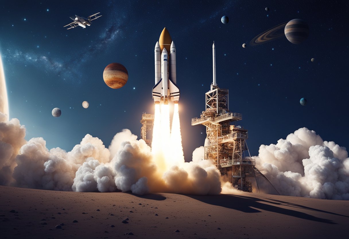 A rocket ship launching into space with a backdrop of stars and planets, while an insurance agent presents a variety of insurance options