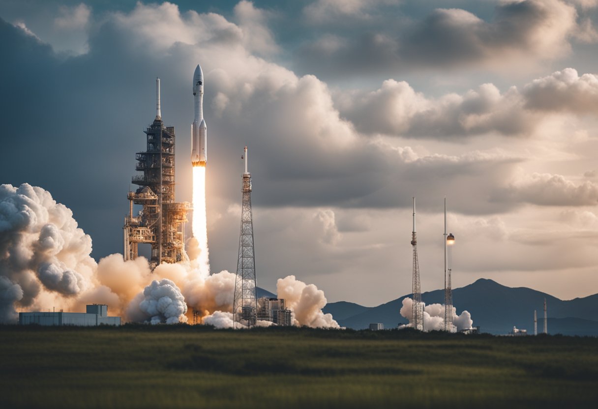 A rocket launches into space, surrounded by a network of safety measures and insurance options for space tourism